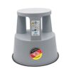 Gray plastic step stool with wide base and two legs, for reaching high shelves (safety/stability features visible).
