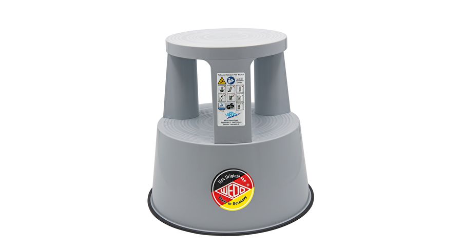Gray plastic step stool with wide base and two legs, for reaching high shelves (safety/stability features visible).