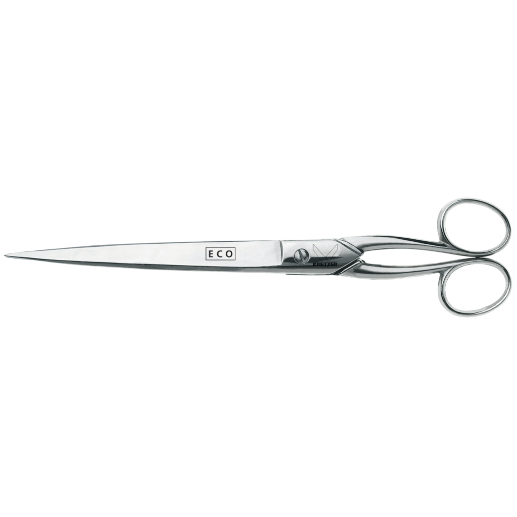 Stainless steel scissors with circular finger rings and an ECO logo on the blade