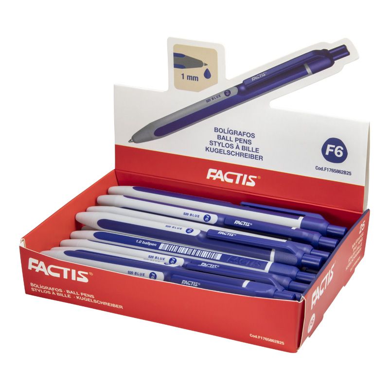 Display box of FACTIS F6 blue ballpoint pens, arranged in a red retail tray with several pens visible in white and blue packaging.