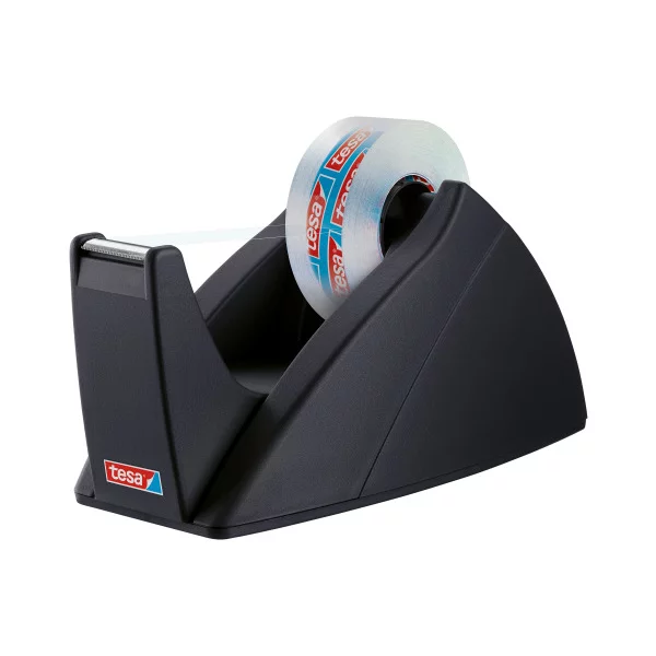 Black desk tape dispenser with a loaded roll of clear tape and a visible brand label (tesa).