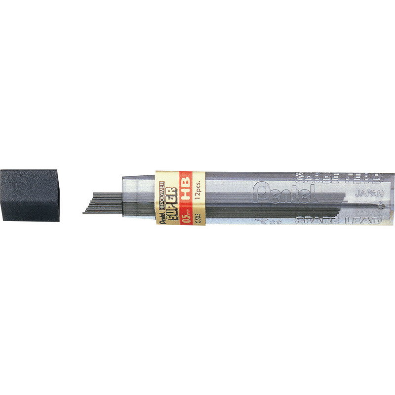 Open pack of Pentel lead refills for a mechanical pencil, with thin graphite leads spilling out and a black cap to the left.