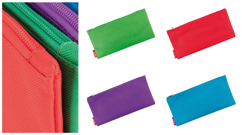 Colorful zipper pouches in red, green, purple, and blue; close-up of zippers on the left side of the image.