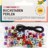 Colorful square letter beads with holes and a black cord, in a package labeled Buchstaben Perlen (100 pieces) for crafts.