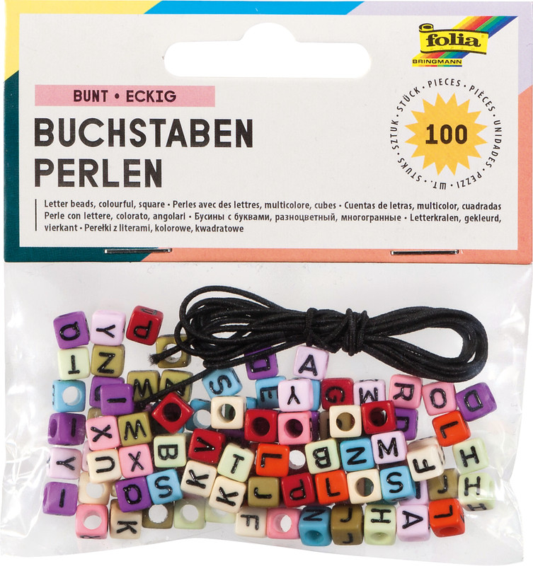 Colorful square letter beads with holes and a black cord, in a package labeled Buchstaben Perlen (100 pieces) for crafts.