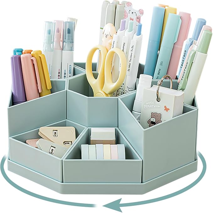 Rotating blue desk organizer with multiple compartments filled with pens, markers, scissors, and sticky notes.