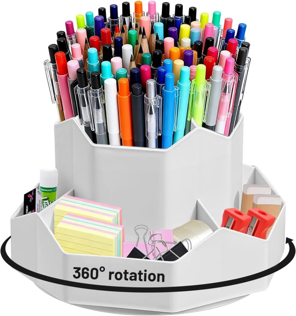 White, circular, 360° rotating desk organizer filled with colorful pens and markers, plus sticky notes and office supplies in the lower compartments.