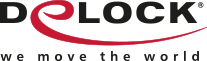 Delock logo with a red curved swoosh and the slogan 'we move the world'