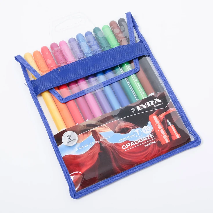 Box of 24 colorful Lyra Graduate fineliner markers in a blue zippered case.